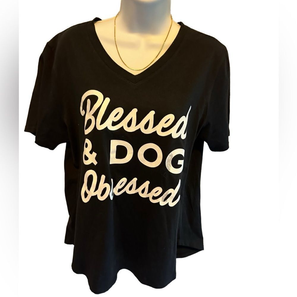 Blessed & Dog Blessed Black V-Neck T-Shirt Woman’s size XL